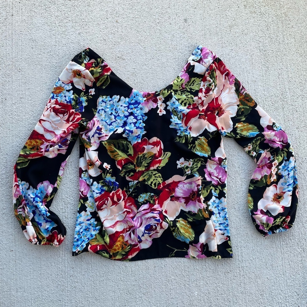 Show Me Your Mumu Floral Long Sleeve Blouse Womens Medium Black Scoop Neck
